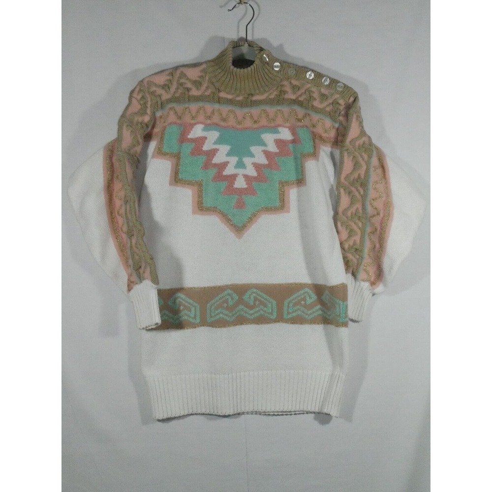 Vtg Bonnie Boerer Sweater Aztec Southwest Button Shoulder Sz Medium